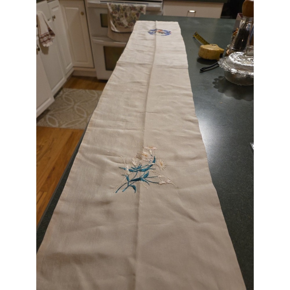 Vintage Hand Embroidered Silk Table Runner Asian Dragon Floral Mid Century - Picture 3 of 8